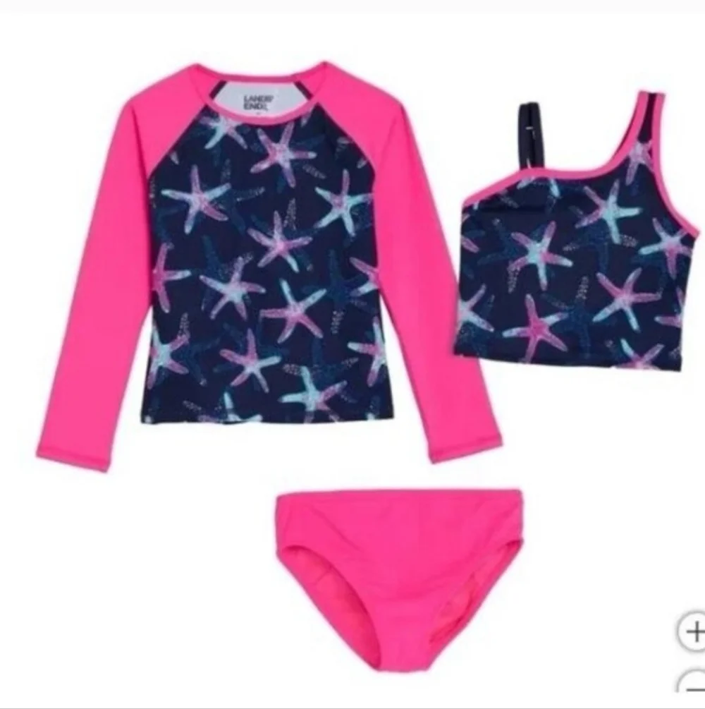NEW Lands End Girls rash guard top, bikini top and bottom swim set, New 3 Piece